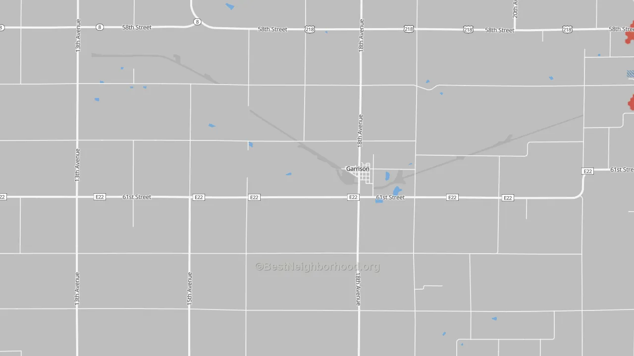 Walk Grade map of Garrison, IA, walkable areas in green and car-dependent areas in red