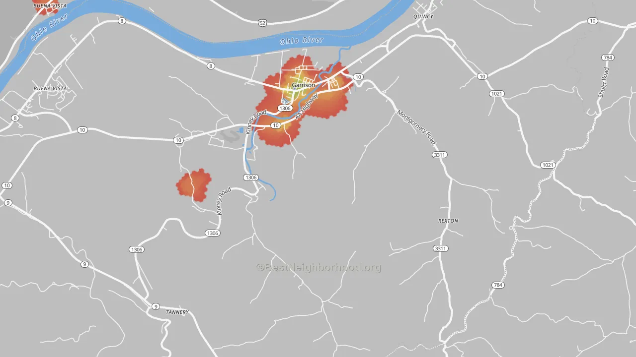 Walk Grade map of Garrison, KY, walkable areas in green and car-dependent areas in red