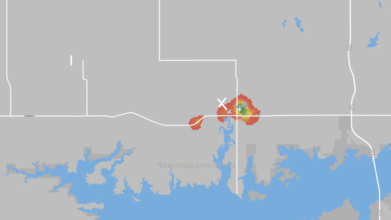 Walk Grade map of Garrison, ND, walkable areas in green and car-dependent areas in red