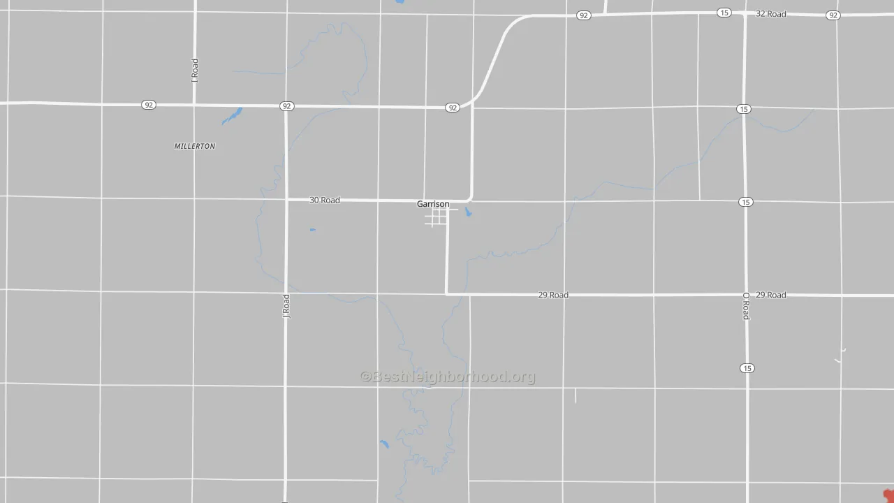 Walk Grade map of Garrison, NE, walkable areas in green and car-dependent areas in red
