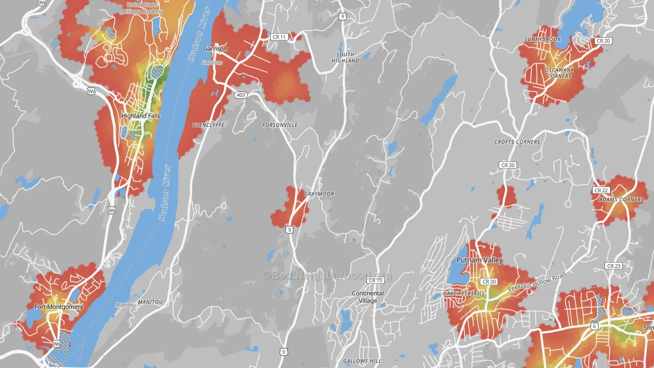 Walk Grade map of Garrison, NY, walkable areas in green and car-dependent areas in red