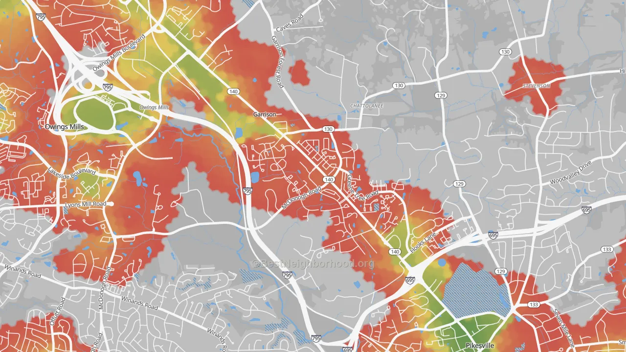 Walk Grade map of Garrison, Owings Mills, MD, walkable areas in green and car-dependent areas in red