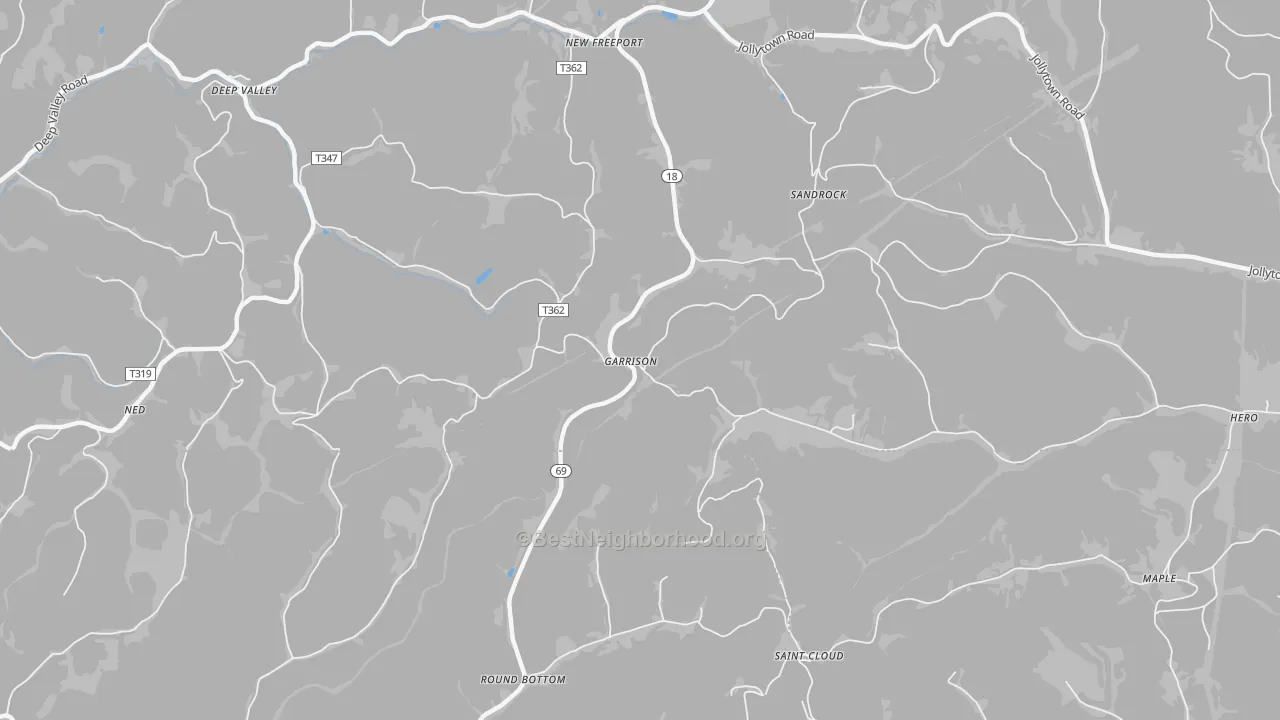 Walk Grade map of Garrison, PA, walkable areas in green and car-dependent areas in red