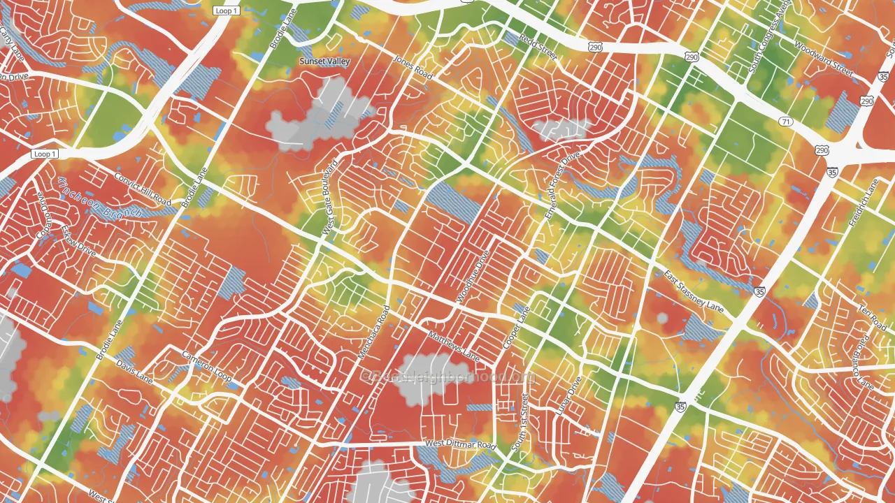 Walk Grade map of Garrison Park, Austin, TX, walkable areas in green and car-dependent areas in red