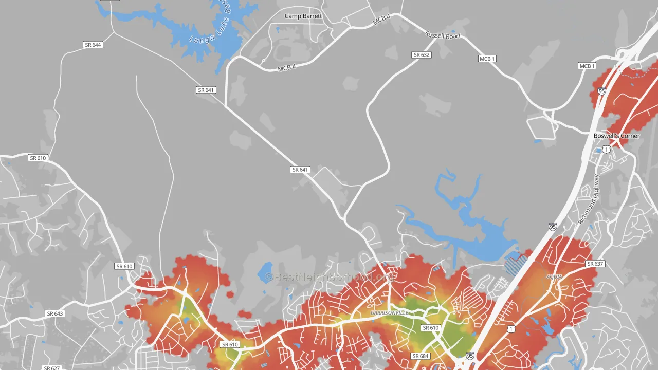 Walk Grade map of Garrisonville, VA, walkable areas in green and car-dependent areas in red