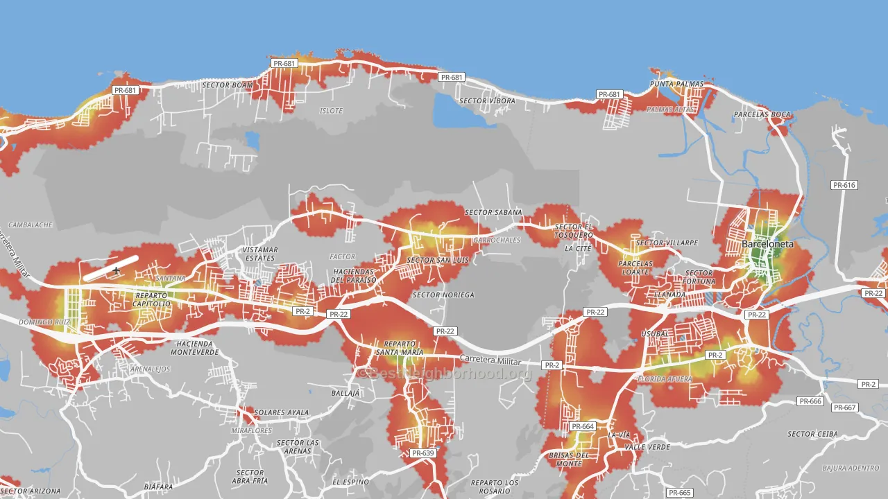 Walk Grade map of Garrochales, PR, walkable areas in green and car-dependent areas in red