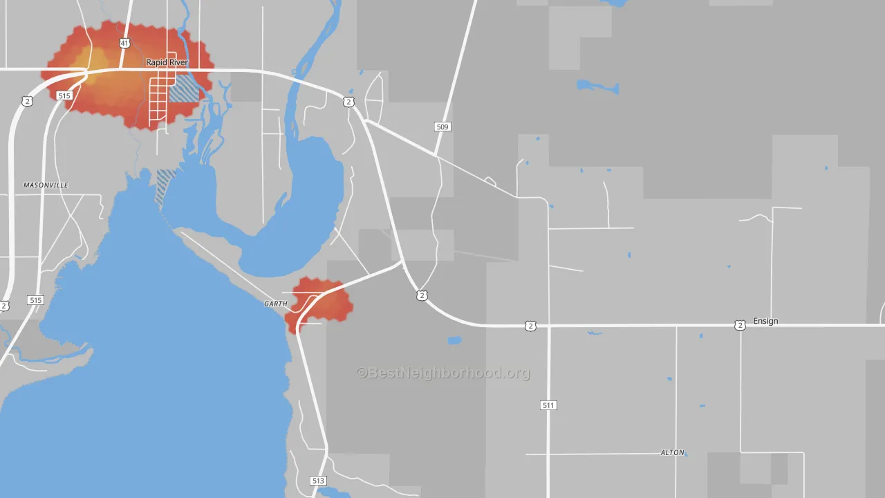 Walk Grade map of Garth, MI, walkable areas in green and car-dependent areas in red