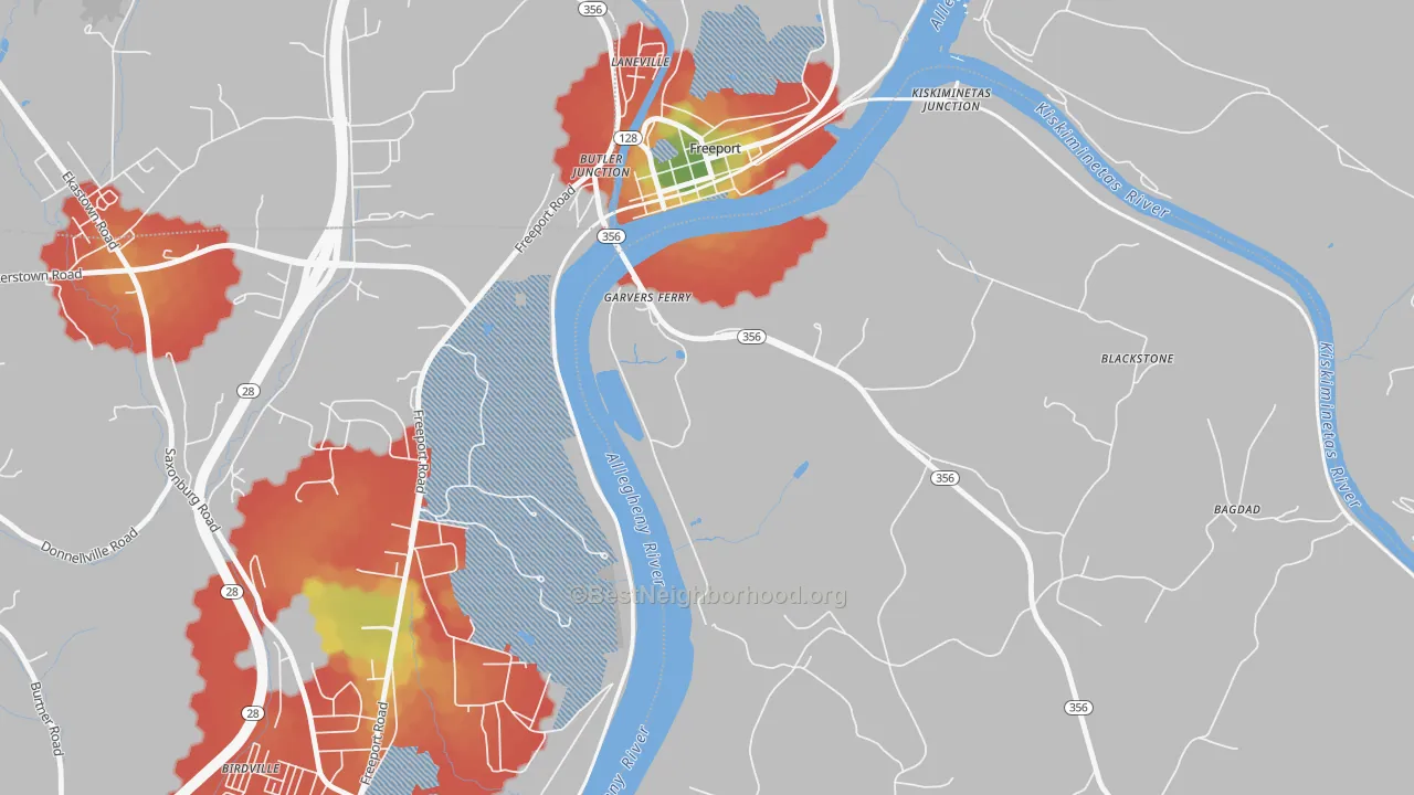 Walk Grade map of Garvers Ferry, PA, walkable areas in green and car-dependent areas in red