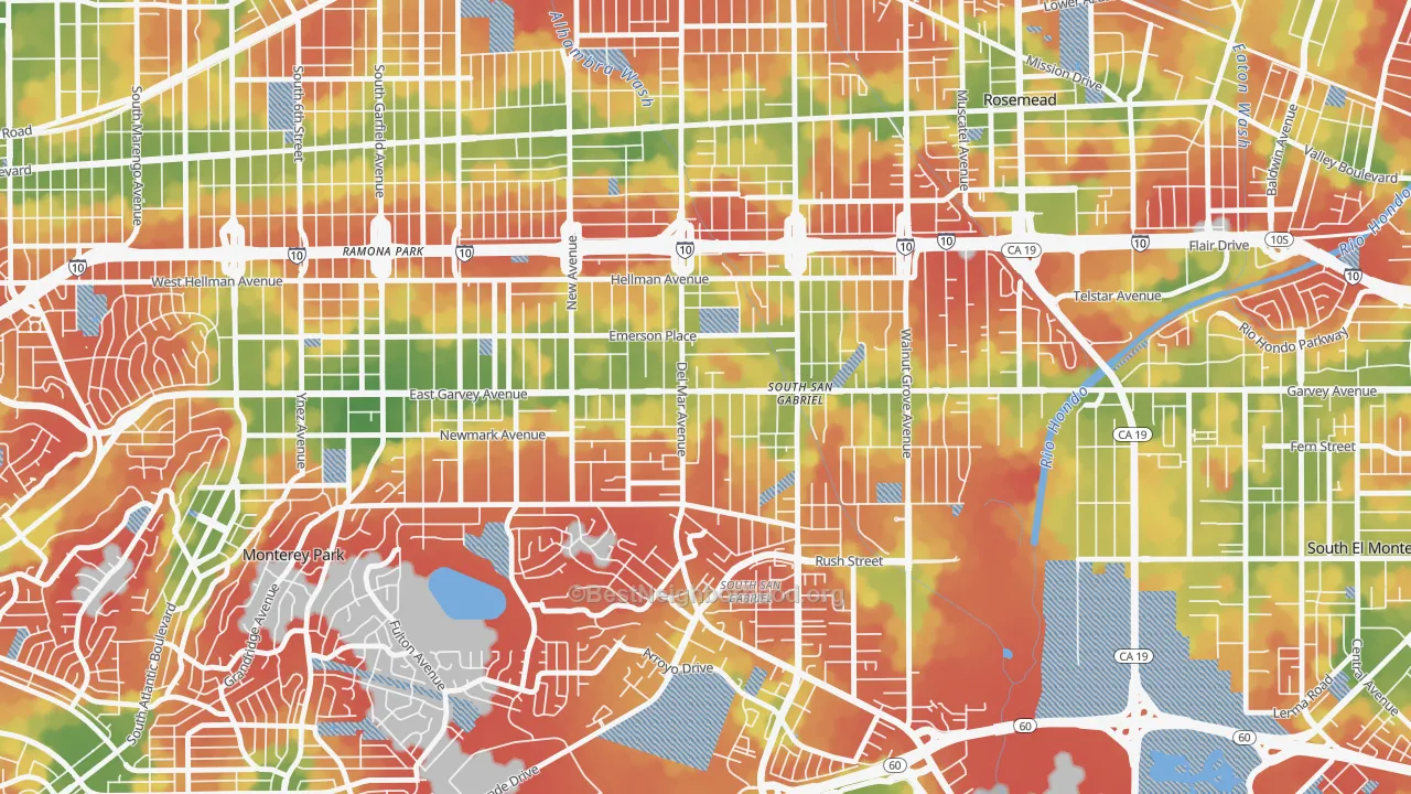 Walk Grade map of Garvey, Rosemead, CA, walkable areas in green and car-dependent areas in red