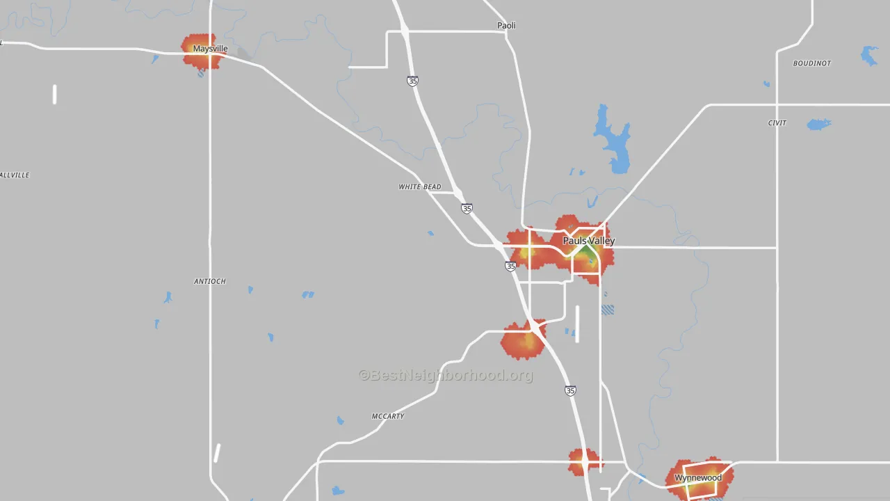 Walk Grade map of Garvin County, OK, walkable areas in green and car-dependent areas in red