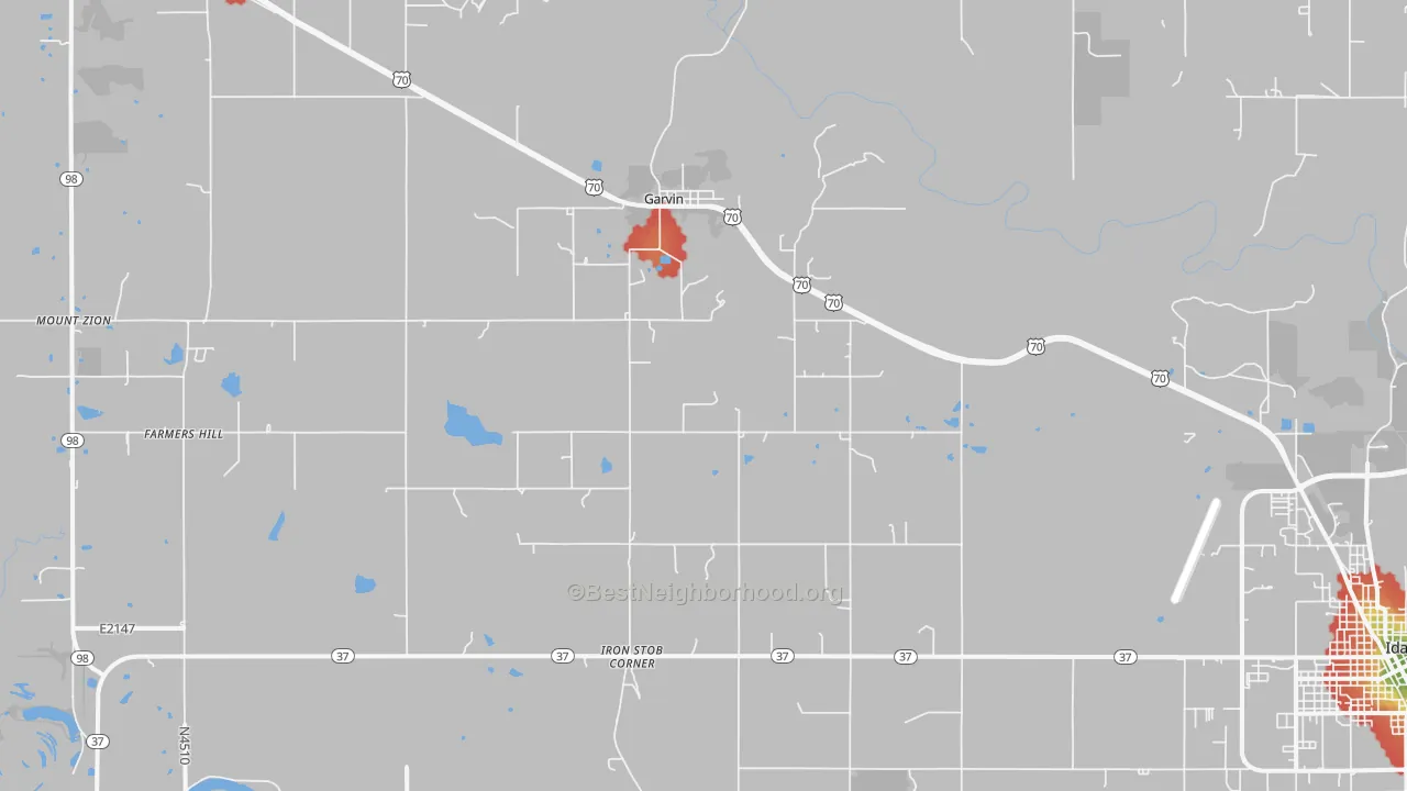 Walk Grade map of Garvin, OK, walkable areas in green and car-dependent areas in red