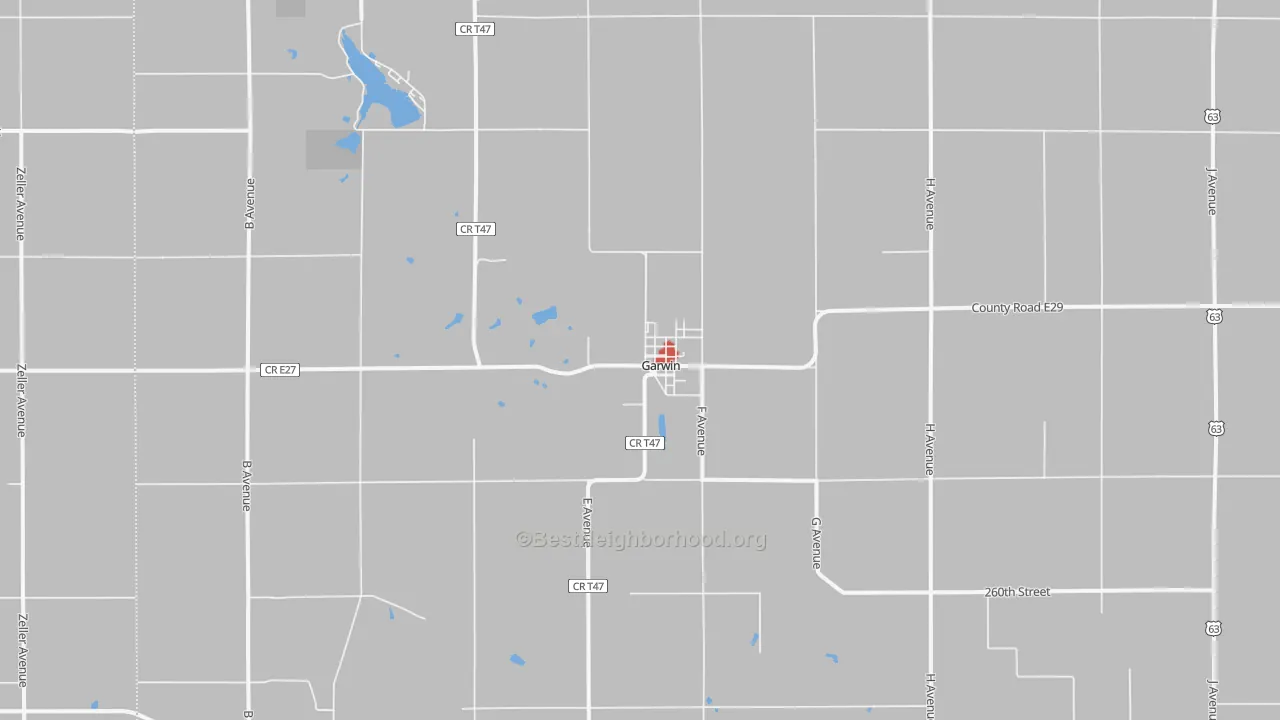Walk Grade map of Garwin, IA, walkable areas in green and car-dependent areas in red