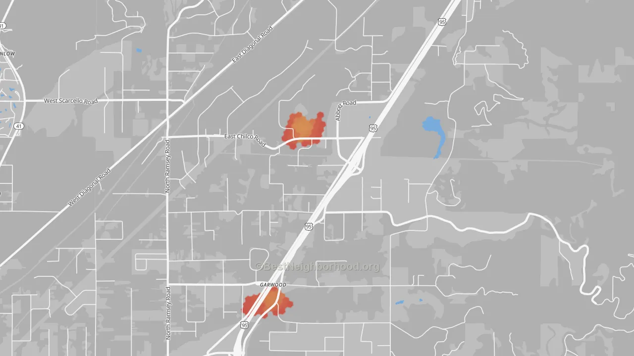 Walk Grade map of Garwood, ID, walkable areas in green and car-dependent areas in red