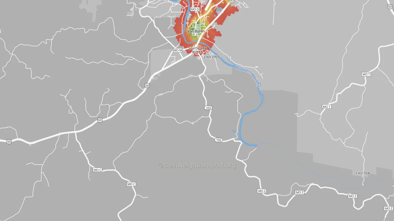 Walk Grade map of Garwood, MO, walkable areas in green and car-dependent areas in red