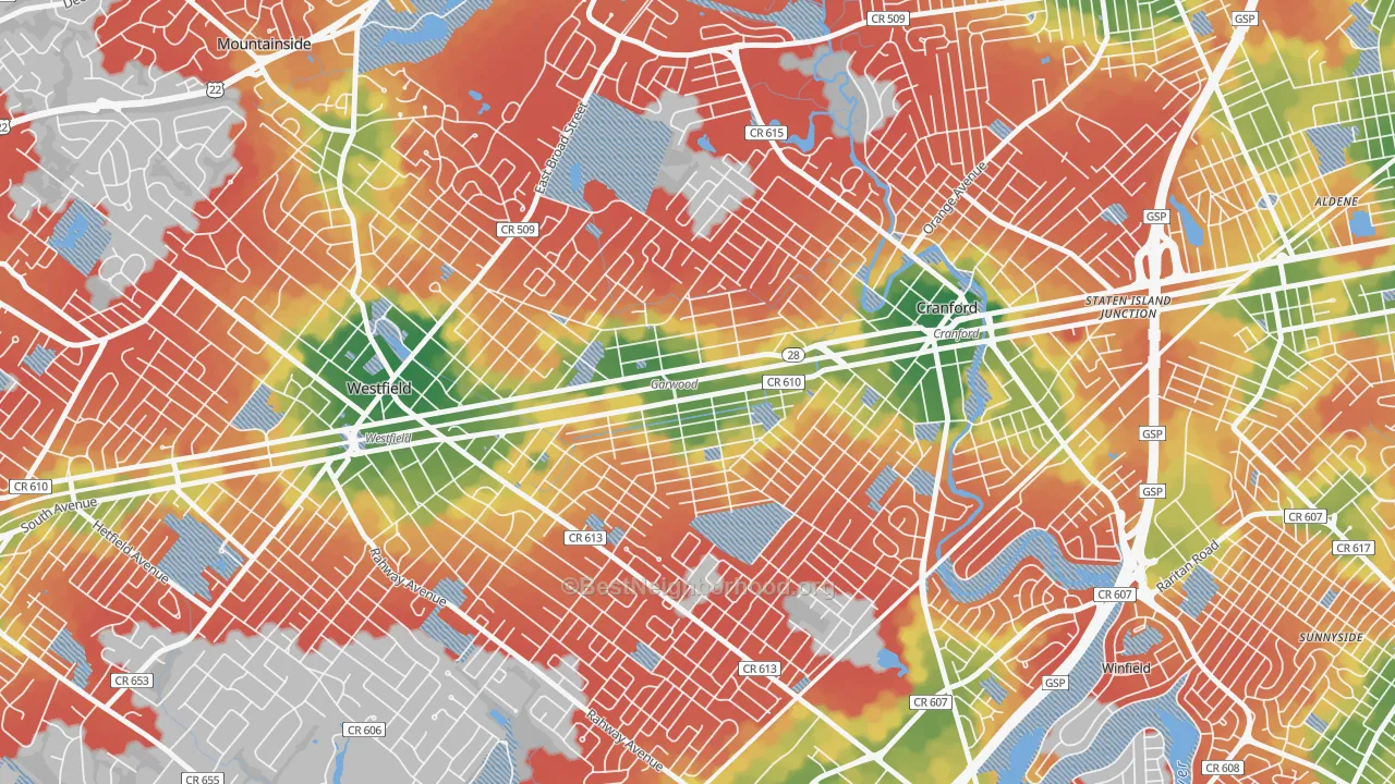 Walk Grade map of Garwood, NJ, walkable areas in green and car-dependent areas in red