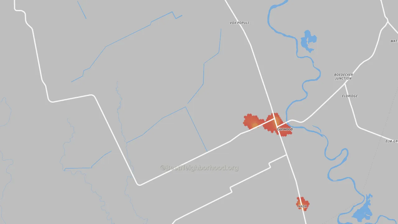 Walk Grade map of Garwood, TX, walkable areas in green and car-dependent areas in red