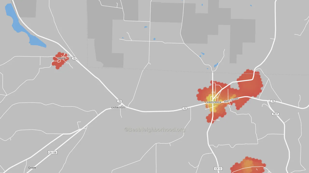 Walk Grade map of Garwoods, NY, walkable areas in green and car-dependent areas in red
