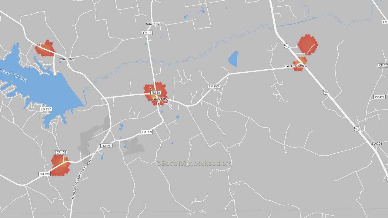 Walk Grade map of Gary City, TX, walkable areas in green and car-dependent areas in red