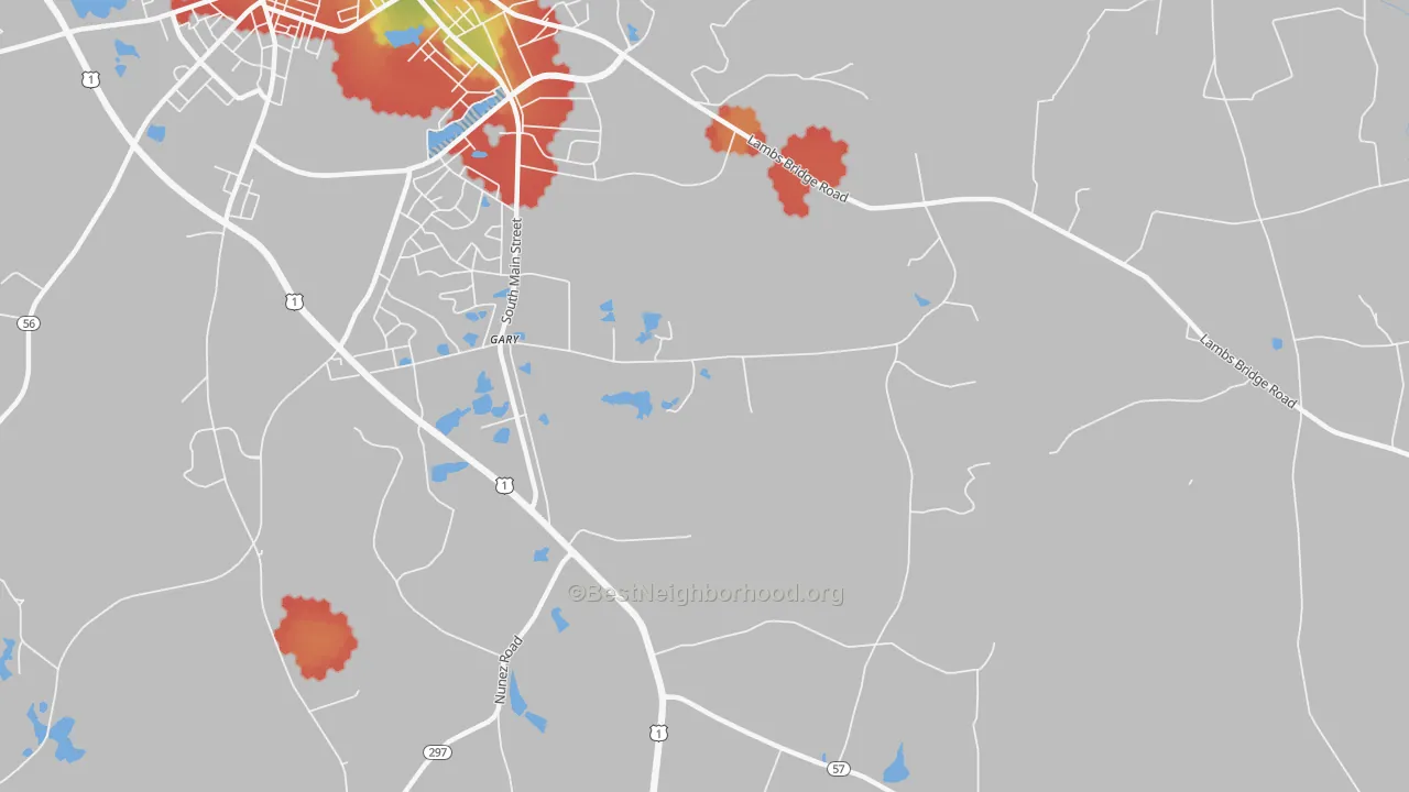 Walk Grade map of Gary, GA, walkable areas in green and car-dependent areas in red