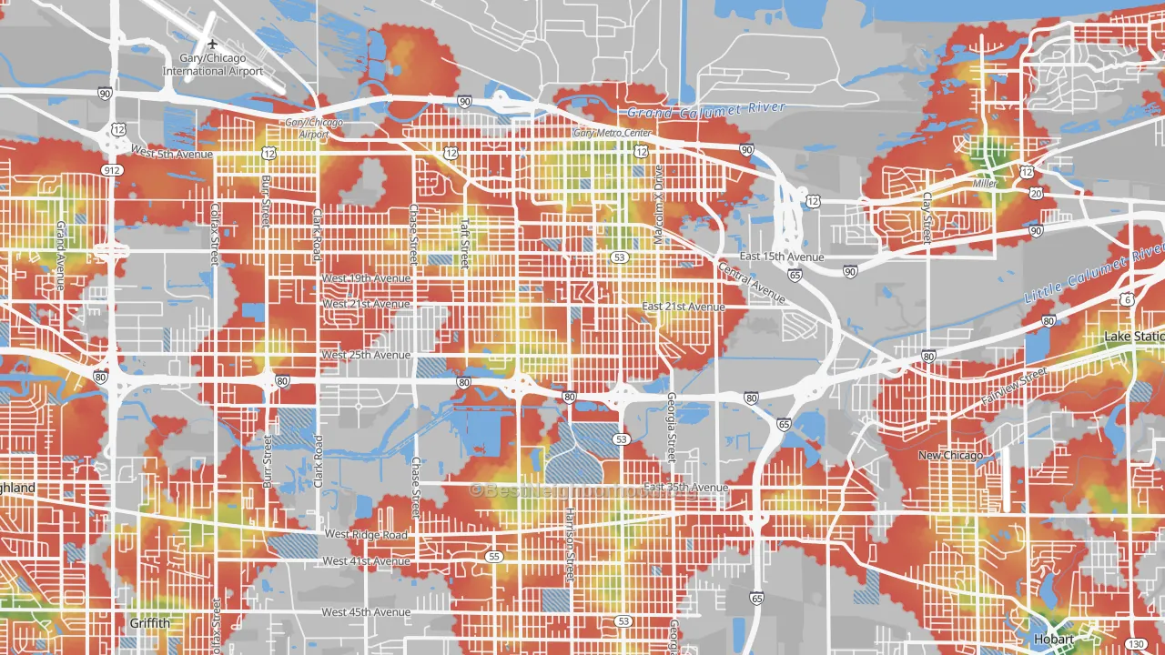 Walk Grade map of Gary, IN, walkable areas in green and car-dependent areas in red