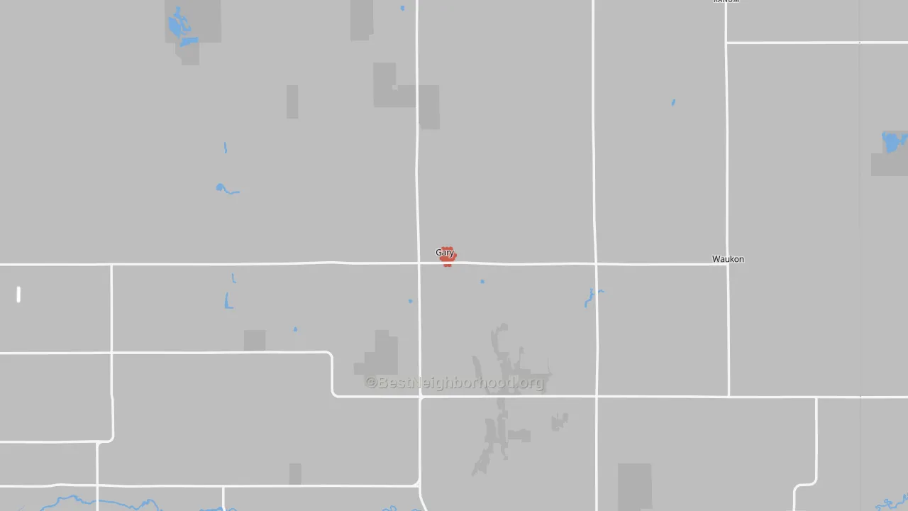 Walk Grade map of Gary, MN, walkable areas in green and car-dependent areas in red