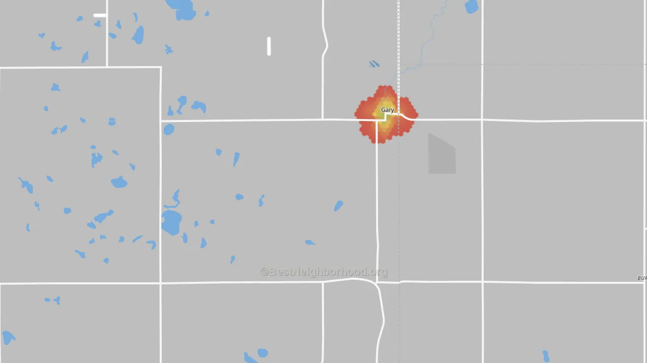 Walk Grade map of Gary, SD, walkable areas in green and car-dependent areas in red
