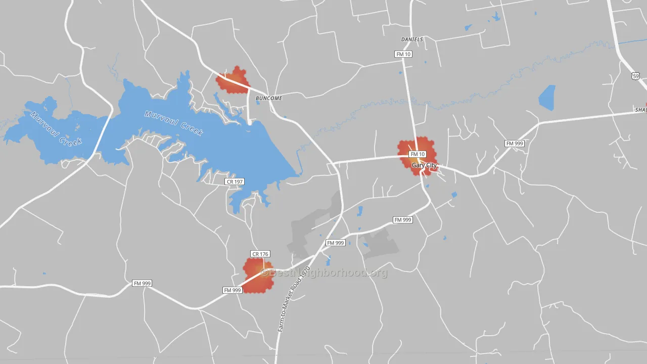 Walk Grade map of Gary, TX, walkable areas in green and car-dependent areas in red