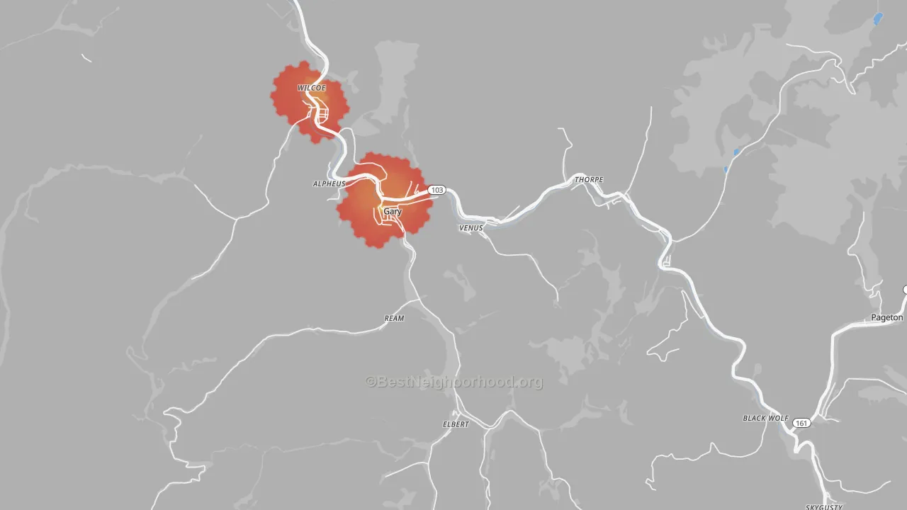 Walk Grade map of Gary, WV, walkable areas in green and car-dependent areas in red