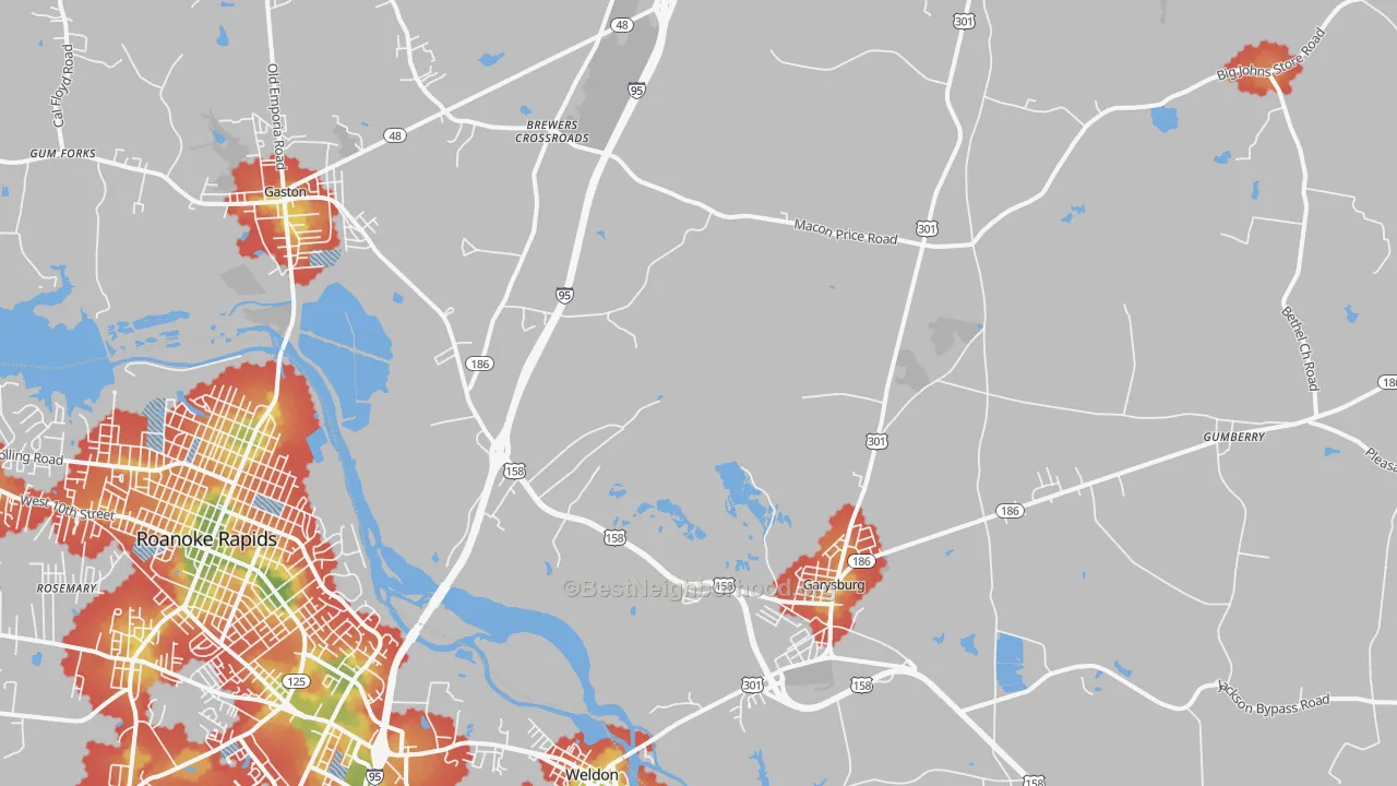 Walk Grade map of Garysburg, NC, walkable areas in green and car-dependent areas in red
