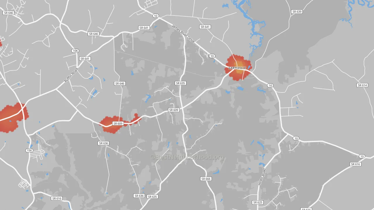 Walk Grade map of Garysville, VA, walkable areas in green and car-dependent areas in red