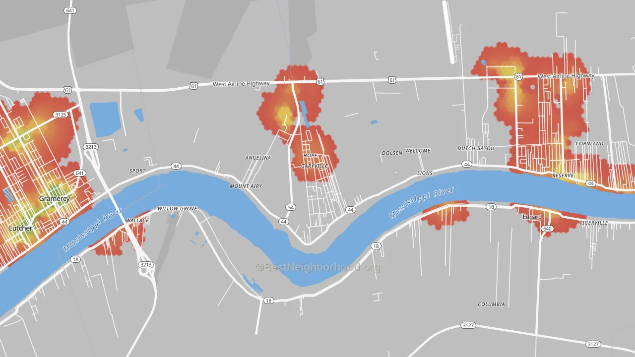 Walk Grade map of Garyville, LA, walkable areas in green and car-dependent areas in red