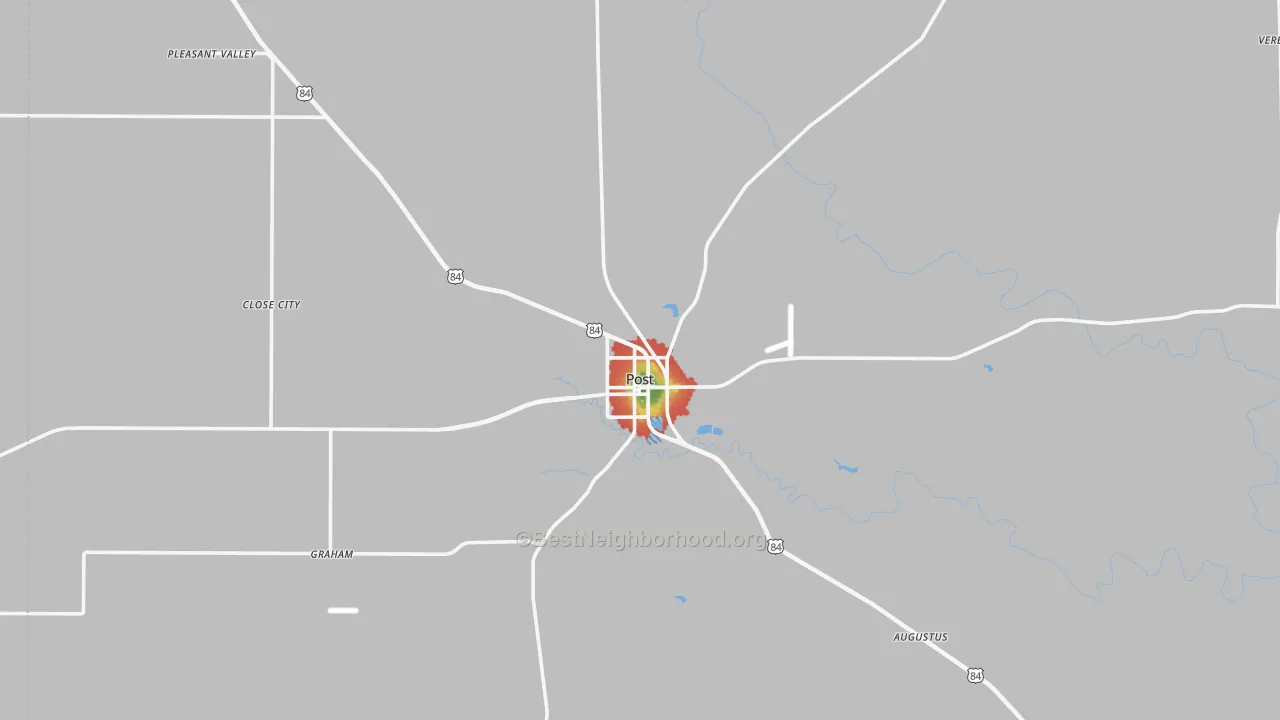 Walk Grade map of Garza County, TX, walkable areas in green and car-dependent areas in red