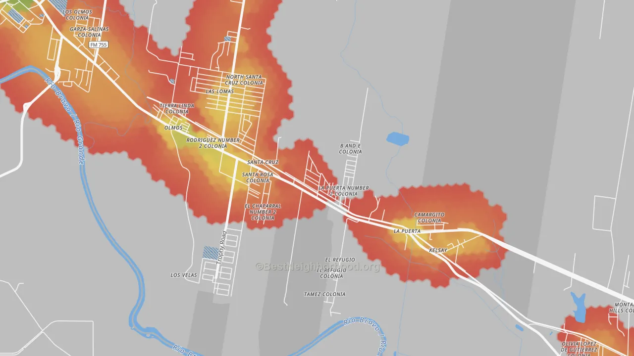 Walk Grade map of Garza-Salinas II, TX, walkable areas in green and car-dependent areas in red
