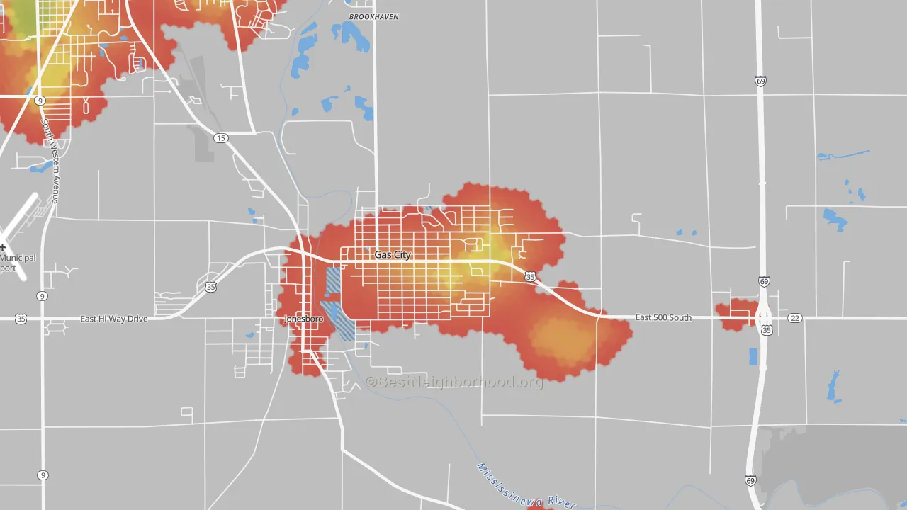 Walk Grade map of Gas City, IN, walkable areas in green and car-dependent areas in red