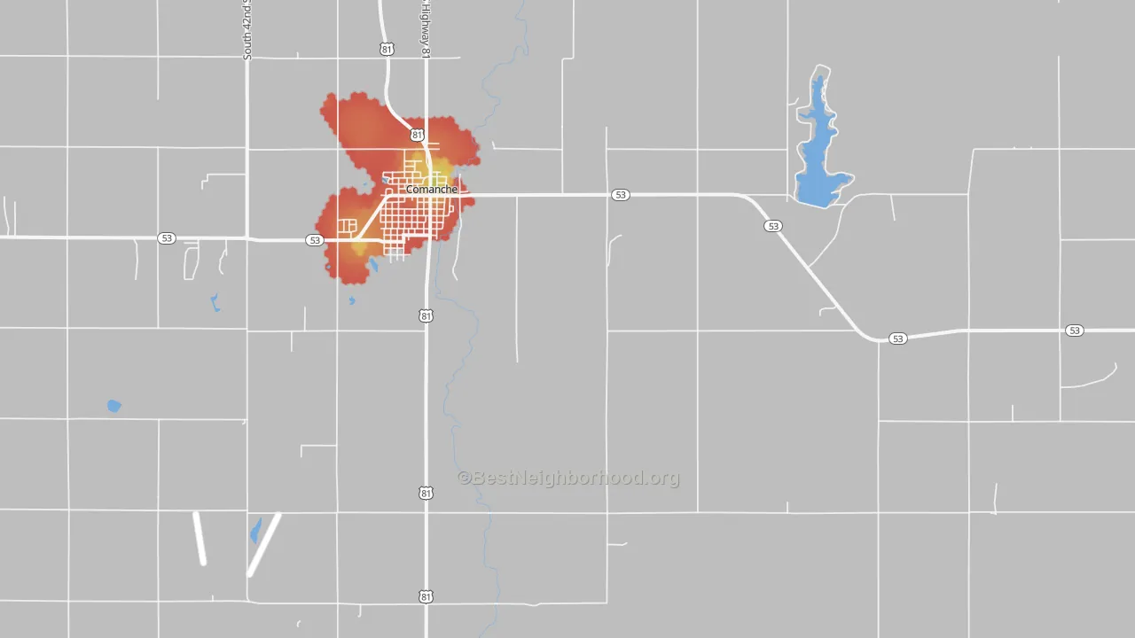 Walk Grade map of Gas City, OK, walkable areas in green and car-dependent areas in red