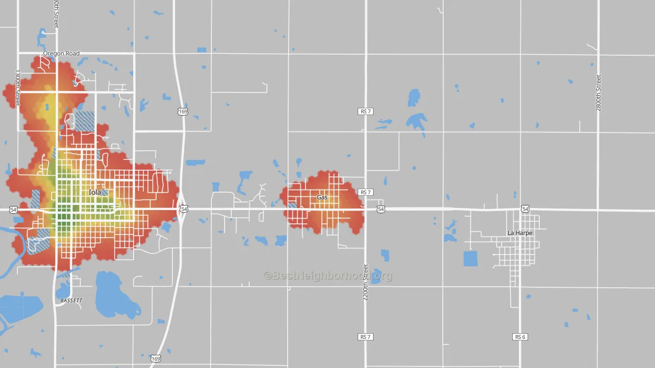 Walk Grade map of Gas, KS, walkable areas in green and car-dependent areas in red