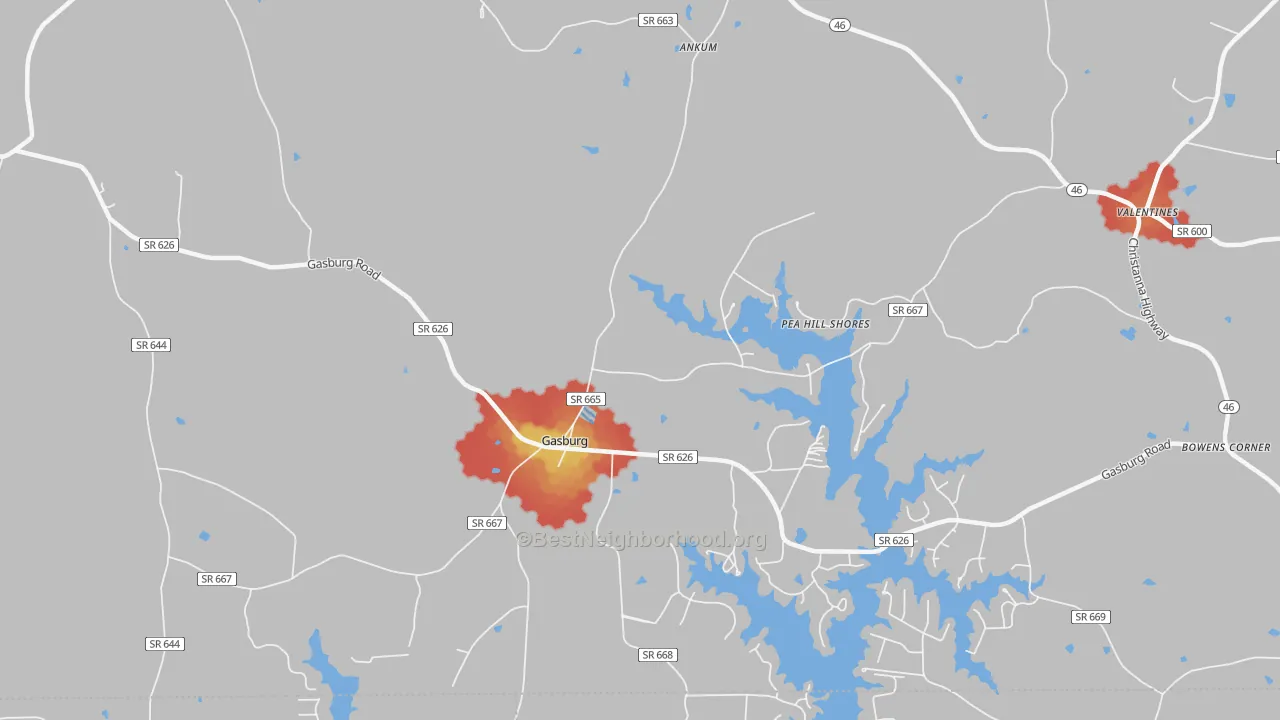 Walk Grade map of Gasburg, VA, walkable areas in green and car-dependent areas in red