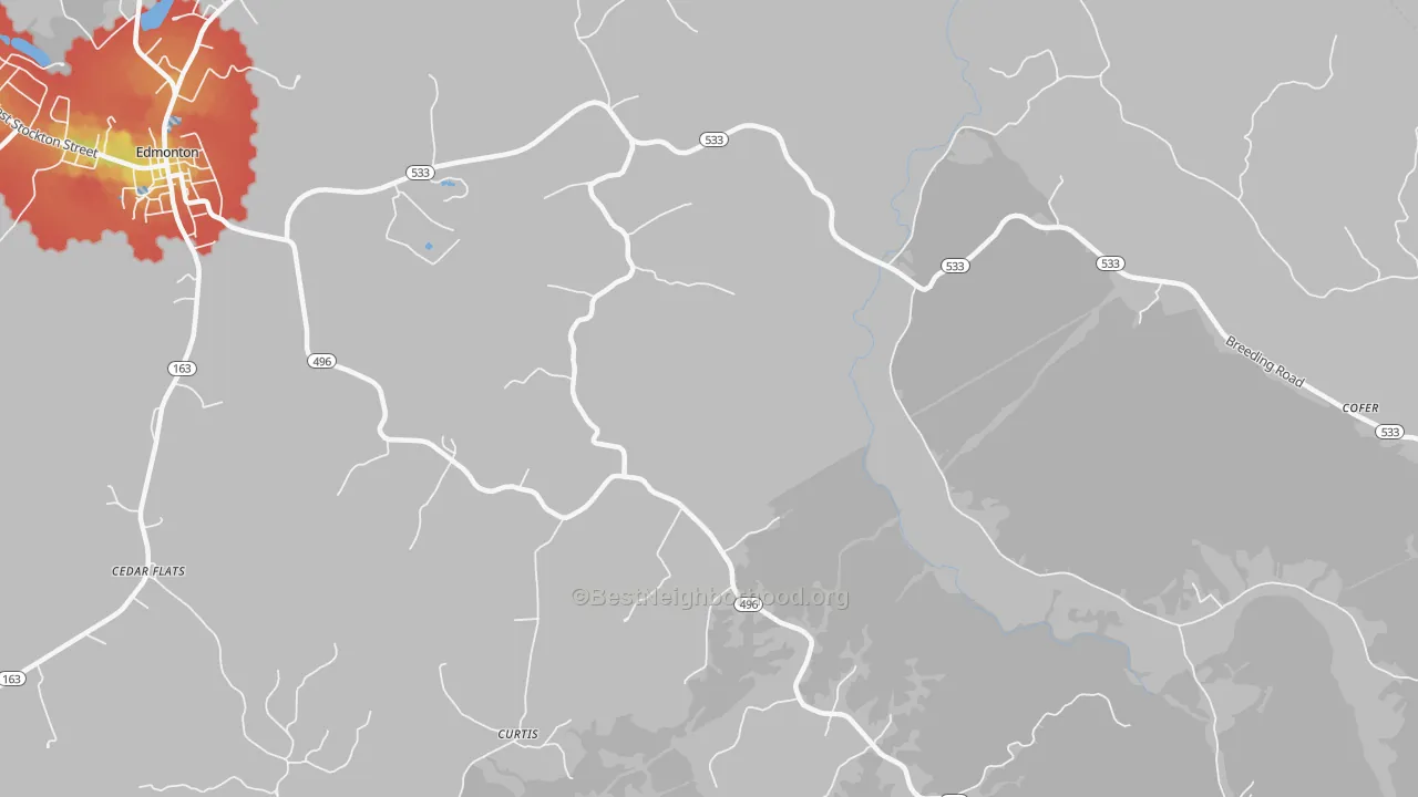 Walk Grade map of Gascon, KY, walkable areas in green and car-dependent areas in red