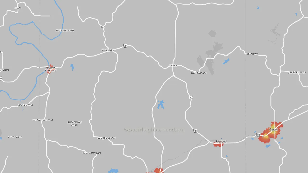 Walk Grade map of Gasconade County, MO, walkable areas in green and car-dependent areas in red