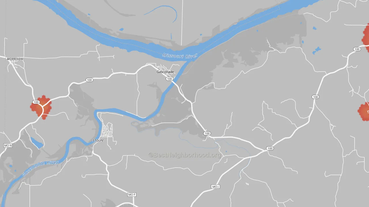 Walk Grade map of Gasconade, MO, walkable areas in green and car-dependent areas in red