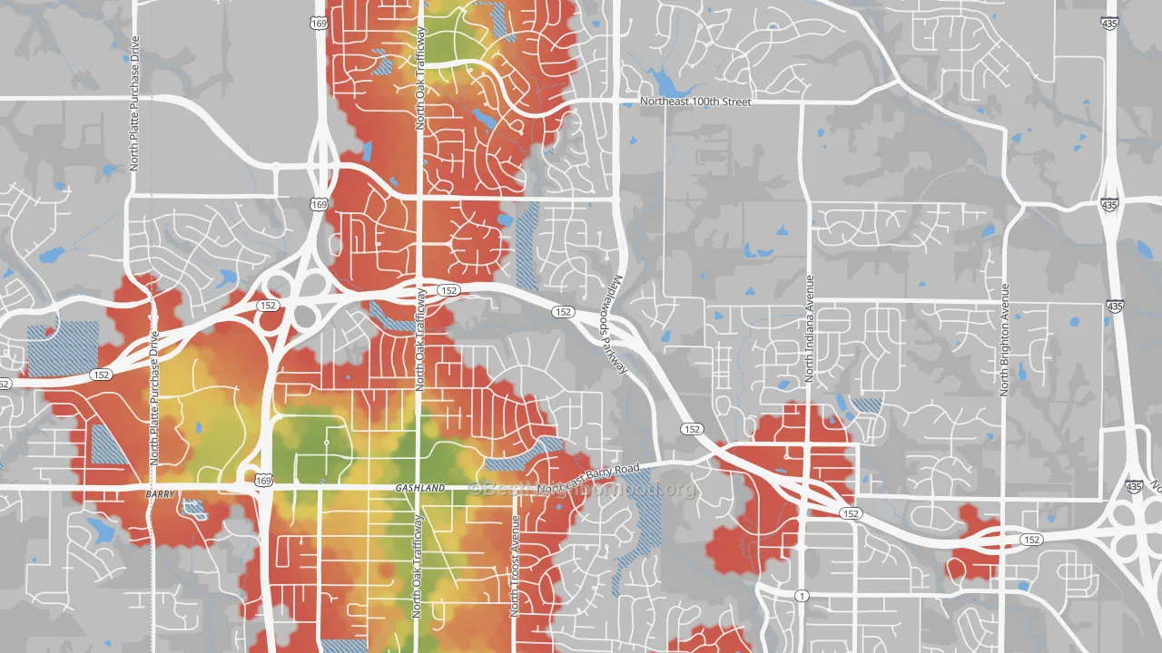 Walk Grade map of Gashland, Kansas City, MO, walkable areas in green and car-dependent areas in red