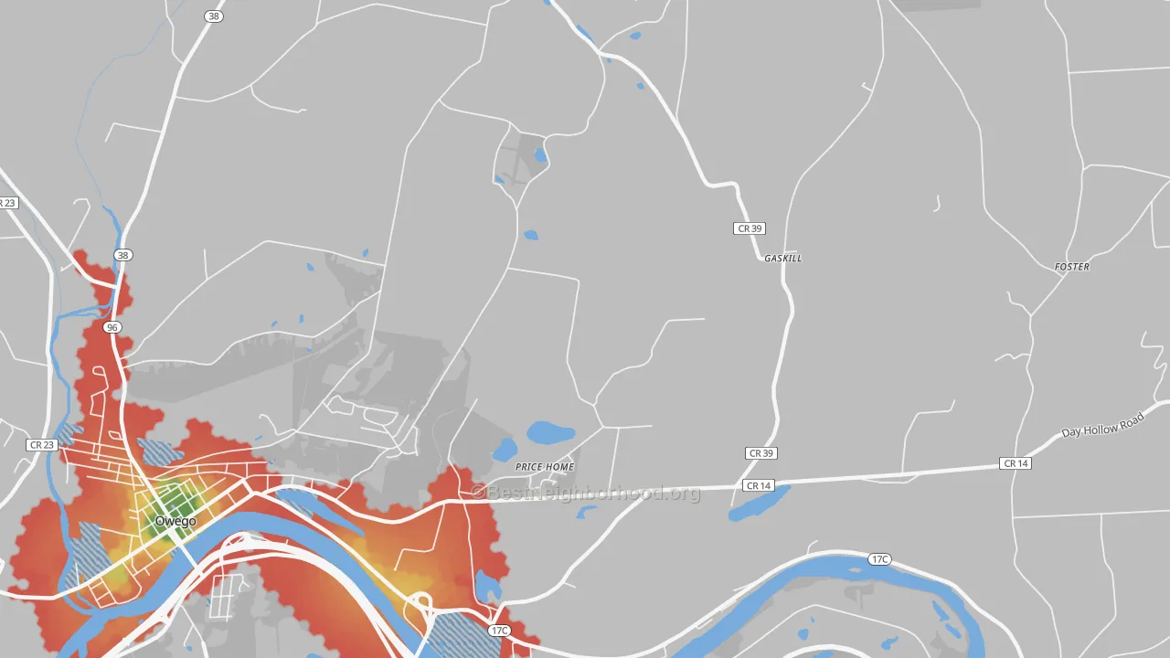 Walk Grade map of Gaskill, NY, walkable areas in green and car-dependent areas in red