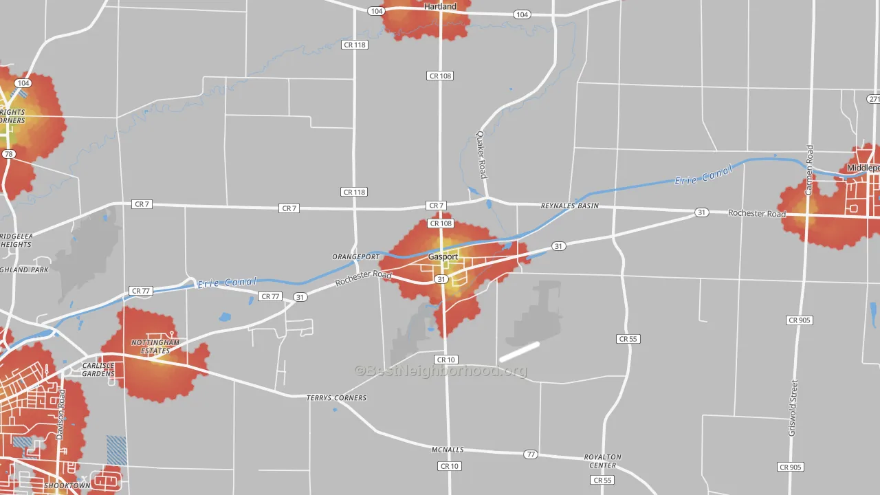 Walk Grade map of Gasport, NY, walkable areas in green and car-dependent areas in red
