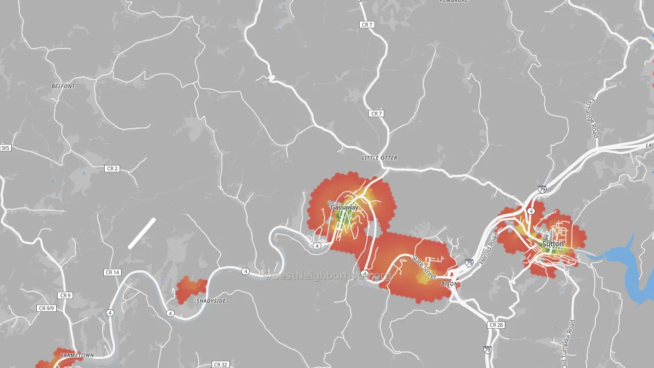 Walk Grade map of Gassaway, WV, walkable areas in green and car-dependent areas in red