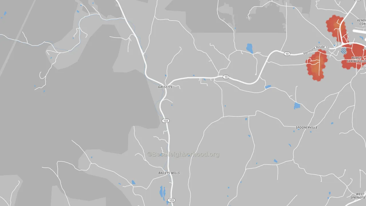 Walk Grade map of Gassetts, VT, walkable areas in green and car-dependent areas in red
