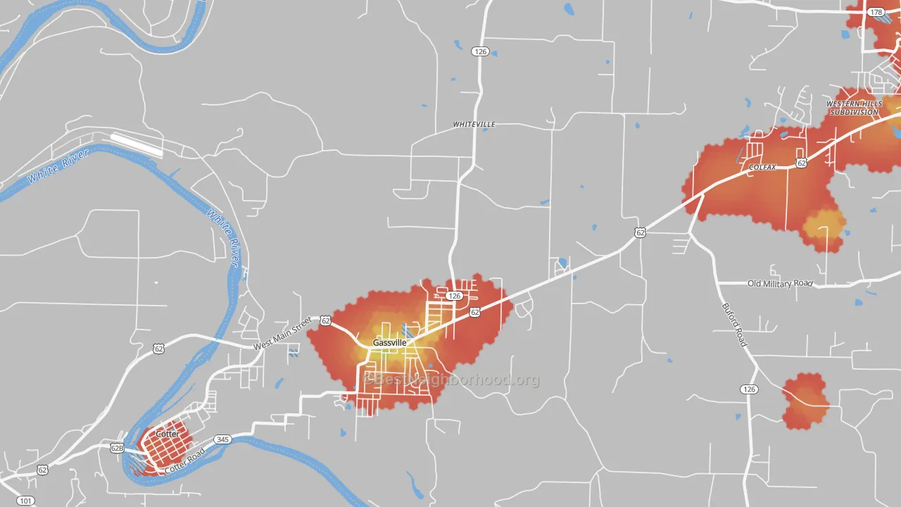 Walk Grade map of Gassville, AR, walkable areas in green and car-dependent areas in red