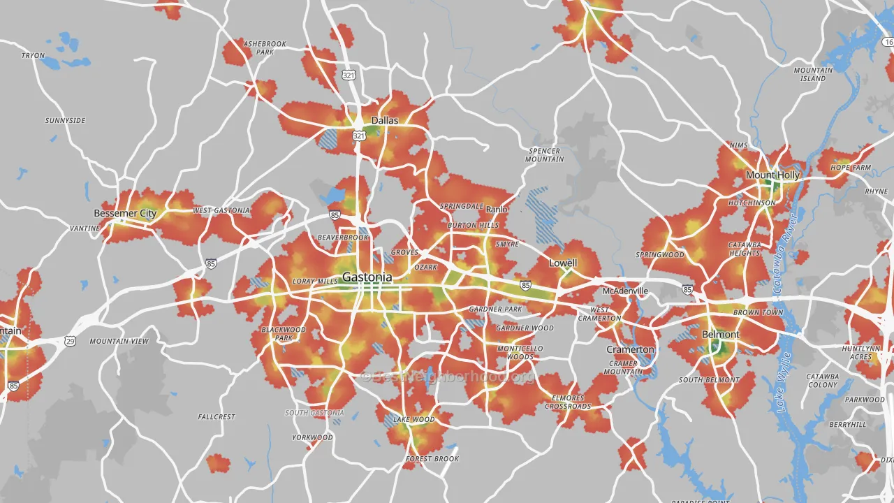 Walk Grade map of Gaston County, NC, walkable areas in green and car-dependent areas in red