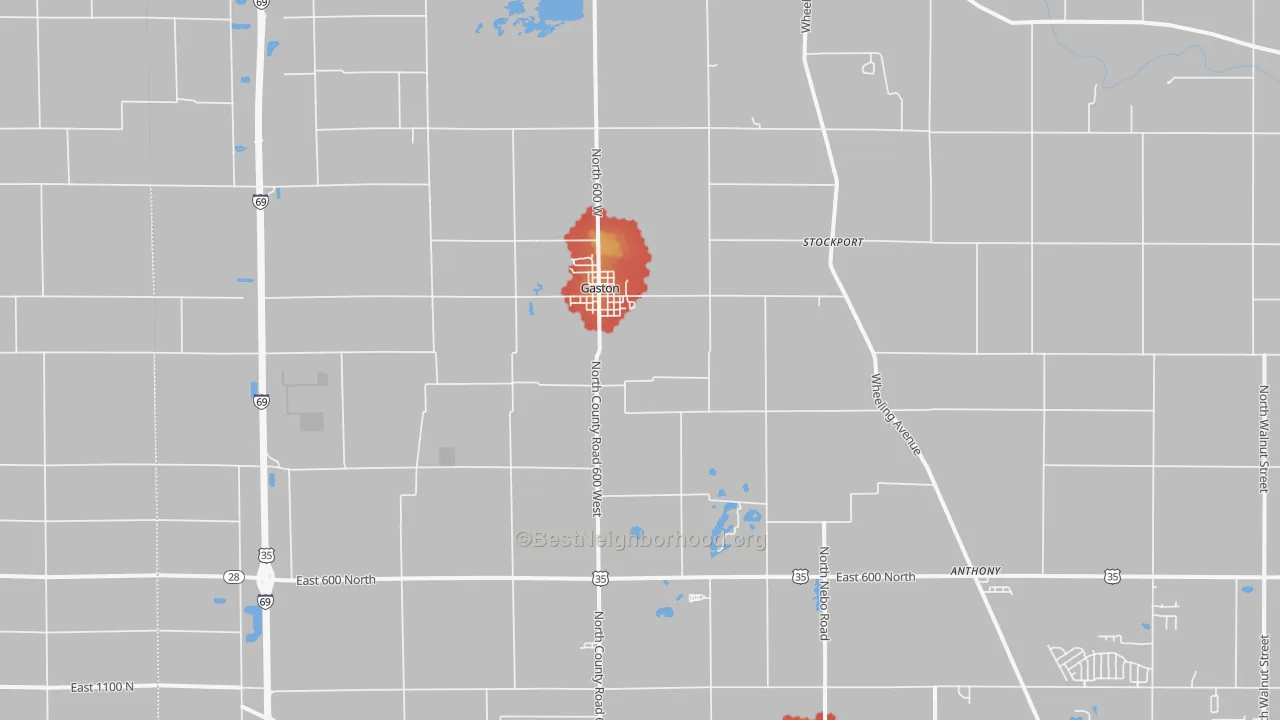 Walk Grade map of Gaston, IN, walkable areas in green and car-dependent areas in red