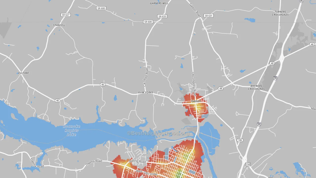 Walk Grade map of Gaston, NC, walkable areas in green and car-dependent areas in red
