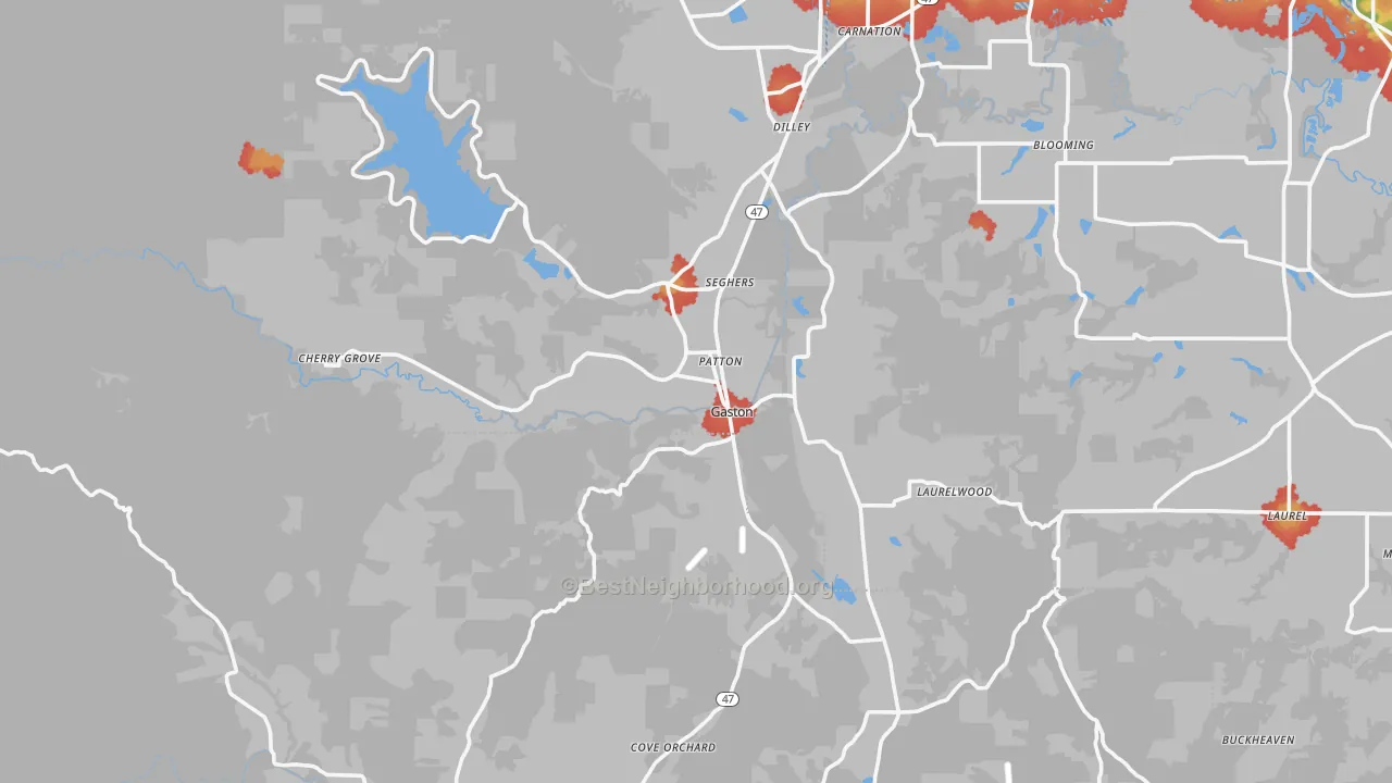 Walk Grade map of Gaston, OR, walkable areas in green and car-dependent areas in red